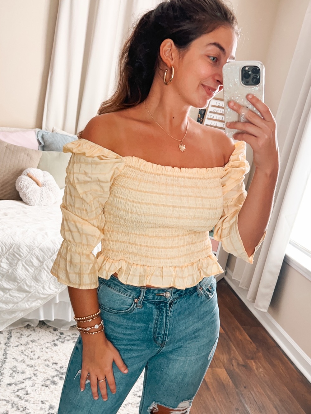 (episode) NWT yellow smocked off shoulder strapless half sleeve summer crop top